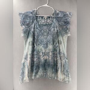 Avenue Lace Embellished Flutter Sleeve Layered Tunic Top Blue Sz 18/20